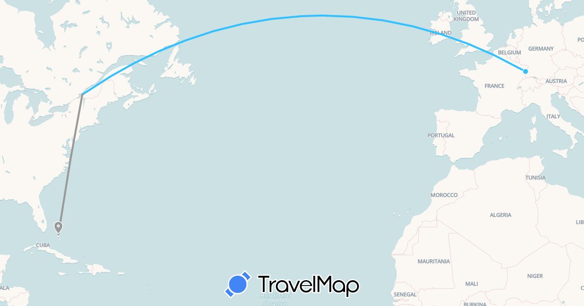 TravelMap itinerary: driving, plane, boat in Bahamas, Canada, France (Europe, North America)